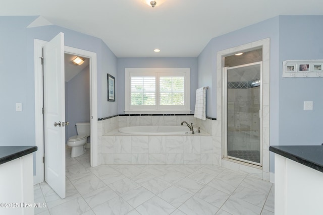 full bath with marble finish floors, a shower stall, a bath, toilet, and recessed lighting