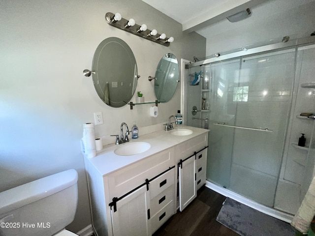 bathroom with toilet, a shower stall, wood finished floors, and double vanity