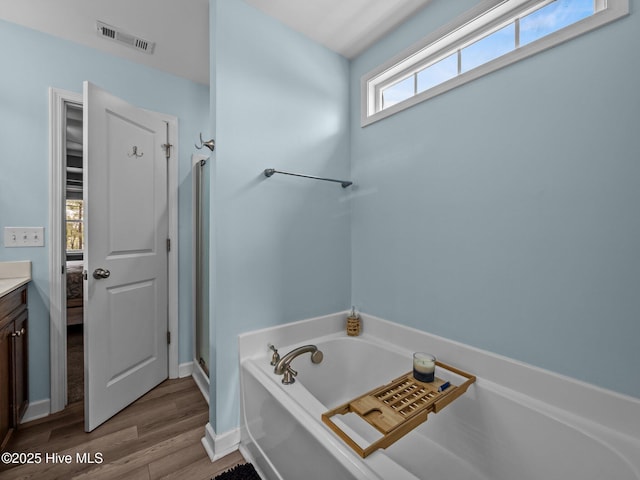 bathroom featuring a stall shower, vanity, a garden tub, wood finished floors, and ensuite bath
