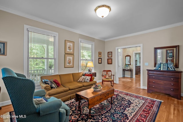 living area featuring ornamental molding, light wood-style flooring, and baseboards