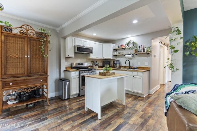 102 E 9th St, Washington, NC 27889 - kitchen with stainless steel appliances, wood counters, a sink, open shelves, and white cabinetry