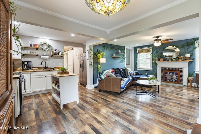 102 E 9th St, Washington, NC 27889 - kitchen with open shelves, open floor plan, stainless steel appliances, a sink, and dark wood finished floors