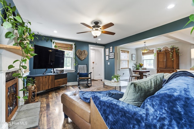 102 E 9th St, Washington, NC 27889 - living room featuring a ceiling fan, wood-type flooring, recessed lighting, a fireplace, and baseboards