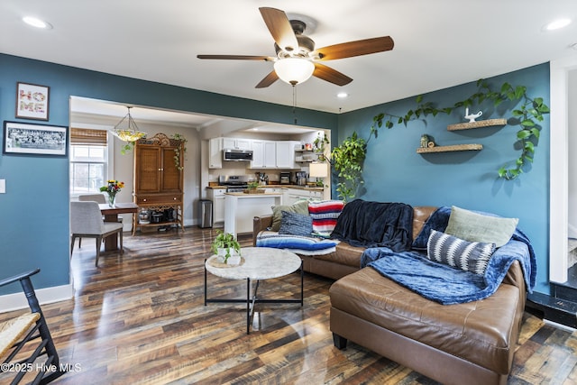 102 E 9th St, Washington, NC 27889 - living room featuring ceiling fan, dark wood finished floors, recessed lighting, and baseboards