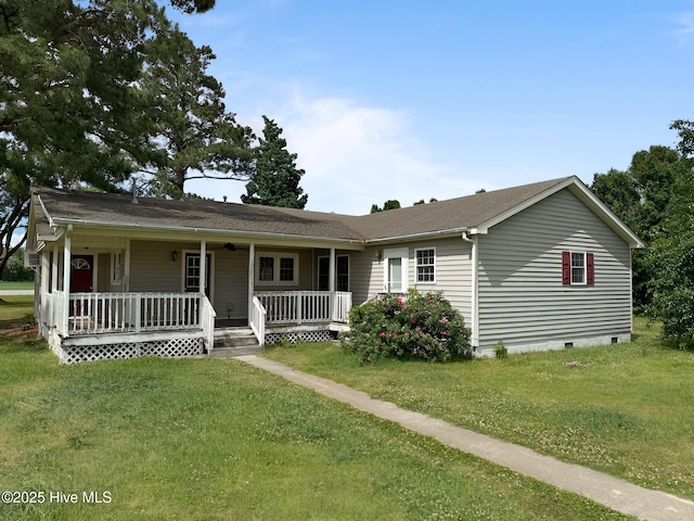 single story home featuring covered porch, a front lawn, and crawl space