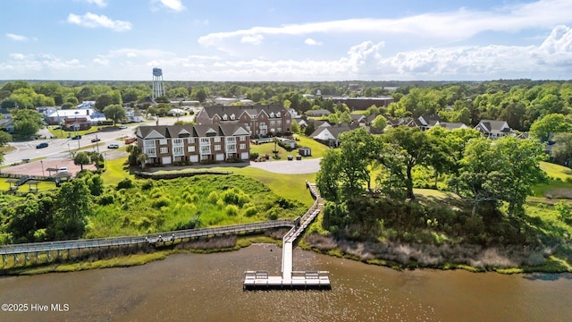 aerial perspective of suburban area with a large body of water and a tree filled landscape
