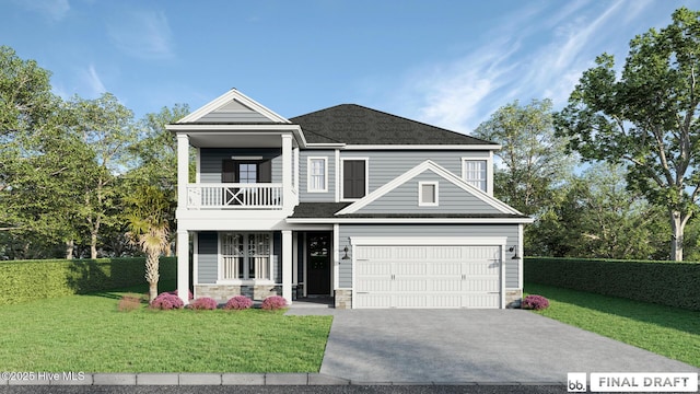 view of front of property with a balcony, a front yard, driveway, stone siding, and a shingled roof