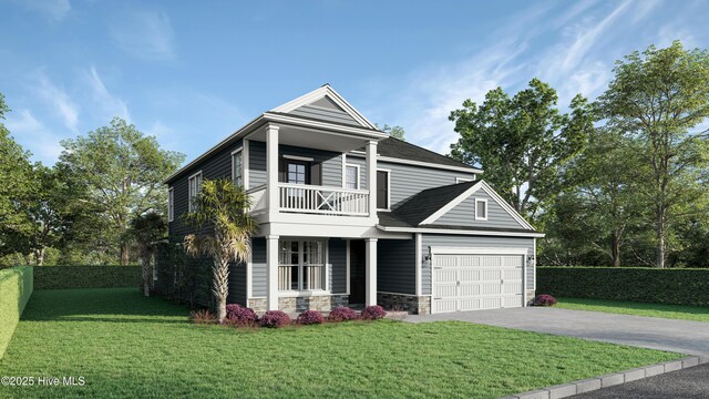 view of front facade featuring a balcony, asphalt driveway, an attached garage, stone siding, and covered porch