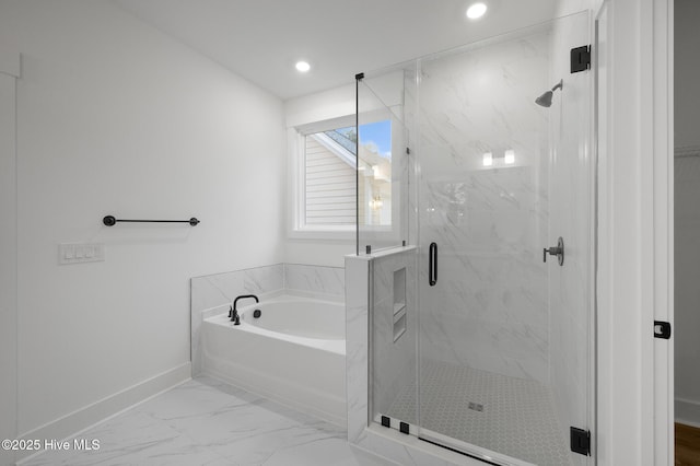 bathroom with a bath, baseboards, a marble finish shower, recessed lighting, and marble finish floors