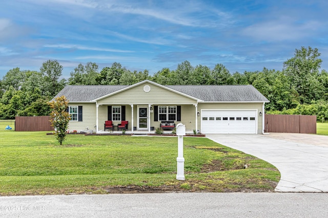 104 Starkys Creek Ct, Maysville, NC 28555 - ranch-style house with covered porch, an attached garage, concrete driveway, and roof with shingles