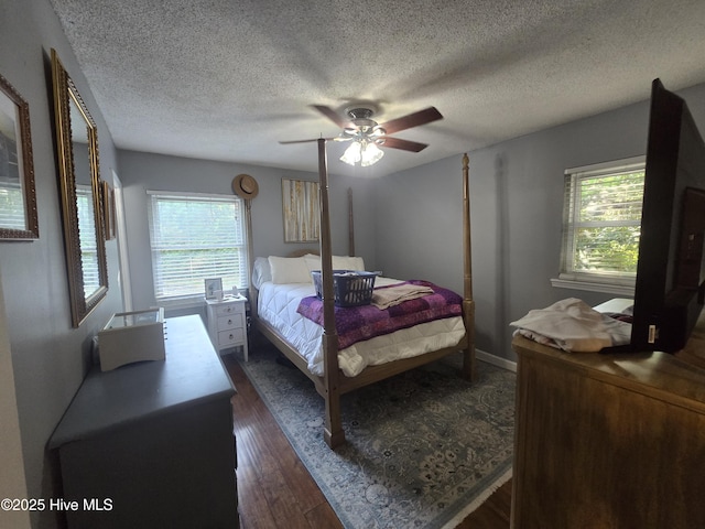 3414 Middle Sound Loop Rd, Wilmington, NC 28411 - bedroom featuring multiple windows, dark wood-style floors, a textured ceiling, and a ceiling fan