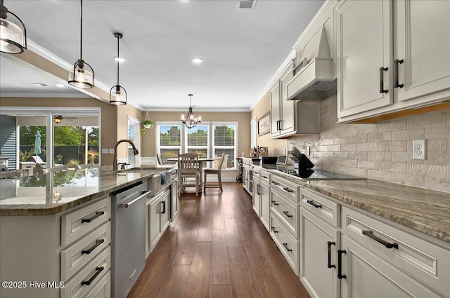 97 Eagle Claw Dr, Calabash, NC 28467 - kitchen featuring dishwasher, a sink, dark wood-style floors, backsplash, and crown molding