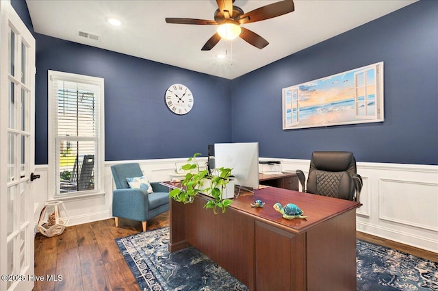 97 Eagle Claw Dr, Calabash, NC 28467 - office space featuring a wainscoted wall, wood finished floors, ceiling fan, a decorative wall, and recessed lighting
