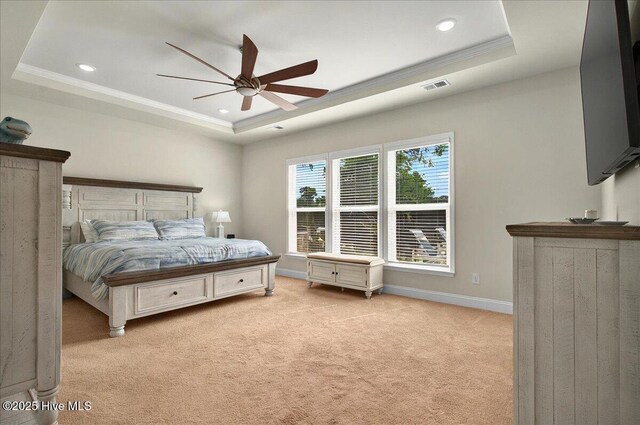 97 Eagle Claw Dr, Calabash, NC 28467 - bedroom featuring a raised ceiling, light carpet, ornamental molding, recessed lighting, and baseboards