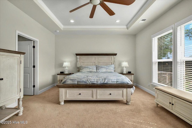 97 Eagle Claw Dr, Calabash, NC 28467 - bedroom with light carpet, a raised ceiling, baseboards, crown molding, and ceiling fan