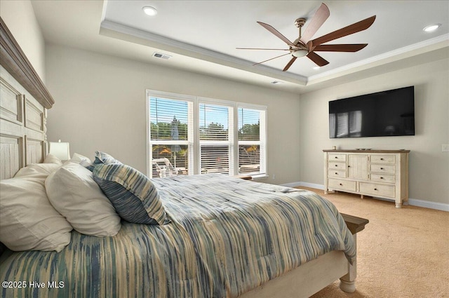 97 Eagle Claw Dr, Calabash, NC 28467 - bedroom with a tray ceiling, ornamental molding, baseboards, light carpet, and recessed lighting