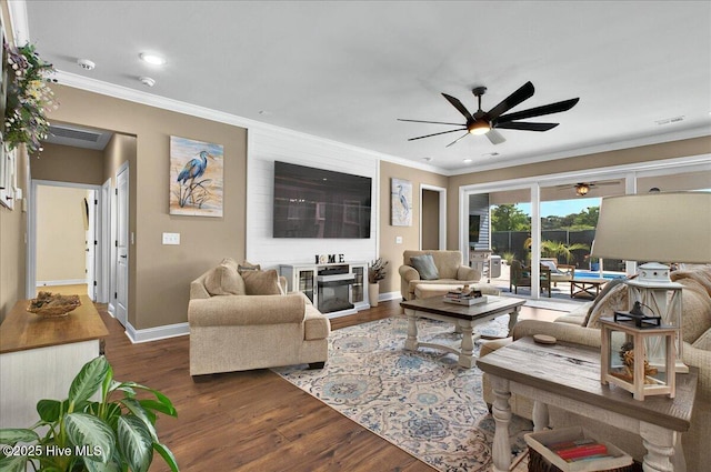 97 Eagle Claw Dr, Calabash, NC 28467 - living room with ceiling fan, wood finished floors, baseboards, ornamental molding, and recessed lighting