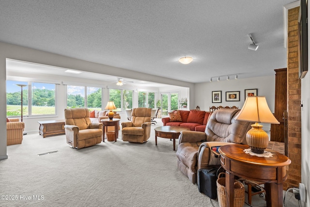 106 Millstone Rd, West End, NC 27376 - carpeted living area with rail lighting, ceiling fan, and a textured ceiling