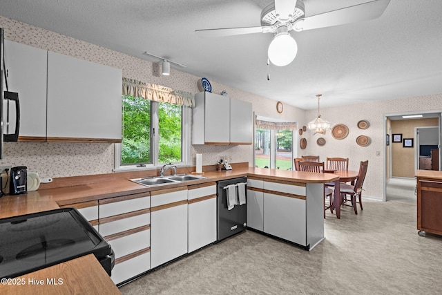 106 Millstone Rd, West End, NC 27376 - kitchen with wallpapered walls, a sink, black appliances, plenty of natural light, and white cabinets