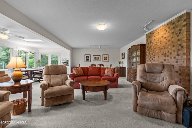 106 Millstone Rd, West End, NC 27376 - living room featuring track lighting, carpet flooring, ceiling fan, and a textured ceiling