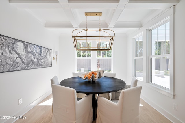 dining area featuring light wood-type flooring, coffered ceiling, a chandelier, baseboards, and beam ceiling