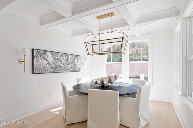 dining room with coffered ceiling, light wood-type flooring, baseboards, beamed ceiling, and a chandelier