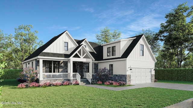 view of front of house with stone siding, a porch, concrete driveway, an attached garage, and board and batten siding