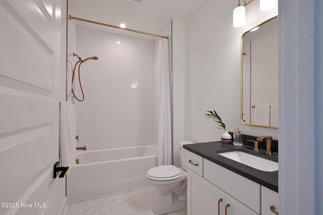 bathroom featuring toilet, shower / bathtub combination with curtain, vanity, marble finish floors, and recessed lighting