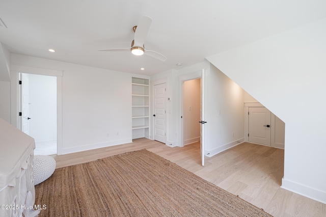 bonus room featuring light wood-type flooring, baseboards, recessed lighting, and a ceiling fan