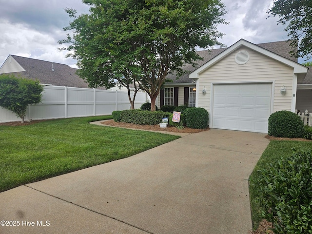 single story home with concrete driveway, an attached garage, and a shingled roof