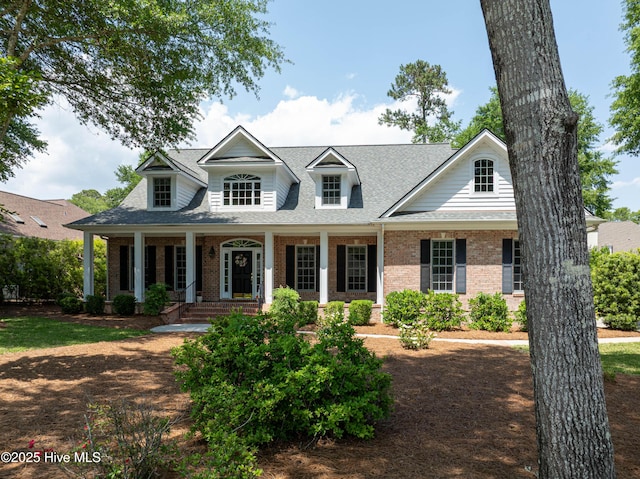 cape cod home with brick siding, roof with shingles, and a porch