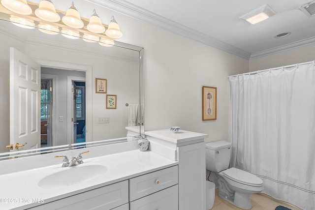 full bathroom with tile patterned flooring, crown molding, toilet, vanity, and a shower with shower curtain