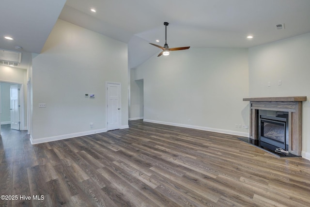 unfurnished living room featuring a ceiling fan, recessed lighting, baseboards, a glass covered fireplace, and dark wood-style flooring