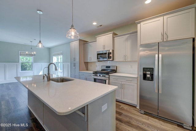 kitchen featuring stainless steel appliances, a sink, a kitchen island with sink, wainscoting, and wood finished floors