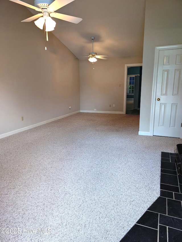 unfurnished living room featuring ceiling fan, carpet, and baseboards
