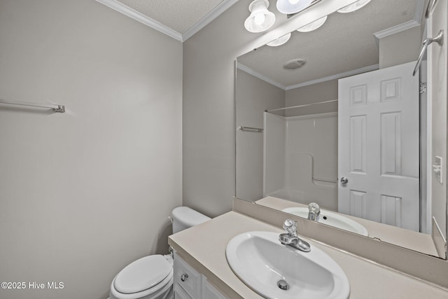 full bath featuring toilet, a textured ceiling, vanity, a shower, and ornamental molding