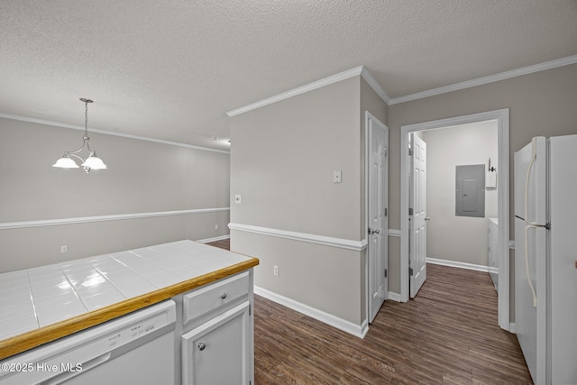 kitchen with white appliances, a textured ceiling, dark wood-style flooring, tile countertops, and crown molding
