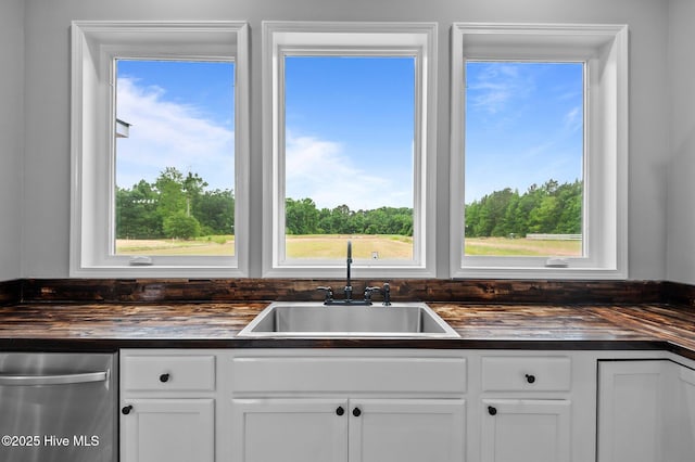 kitchen with a sink, butcher block counters, dishwasher, and plenty of natural light