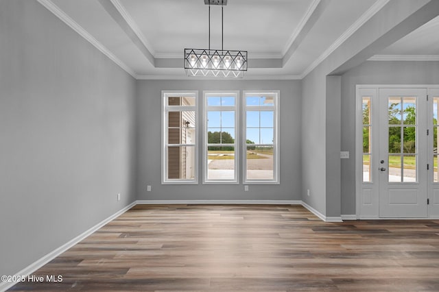 entrance foyer with plenty of natural light, a raised ceiling, and wood finished floors