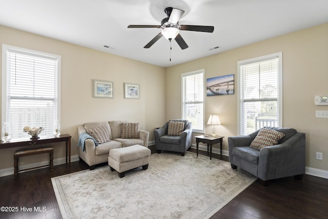 202 Bungalow Rd, Holly Ridge, NC 28445 - living area with a ceiling fan, dark wood finished floors, and baseboards
