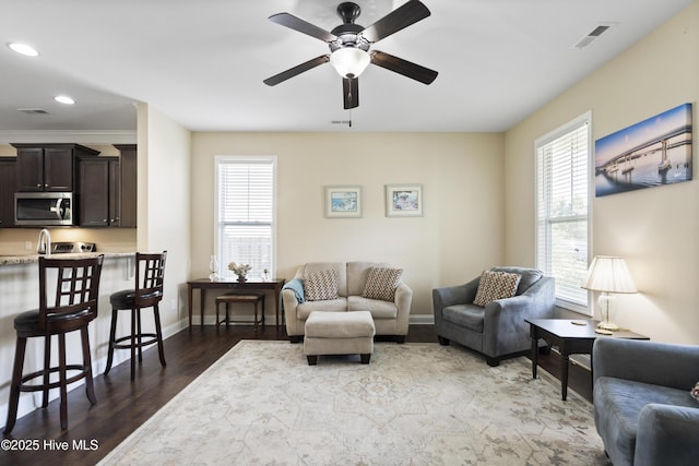 202 Bungalow Rd, Holly Ridge, NC 28445 - living area featuring a ceiling fan, dark wood-style floors, recessed lighting, and baseboards