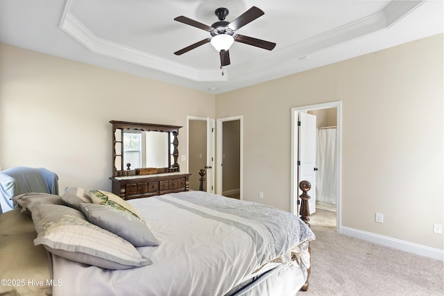 202 Bungalow Rd, Holly Ridge, NC 28445 - bedroom with a raised ceiling, crown molding, carpet floors, a ceiling fan, and baseboards