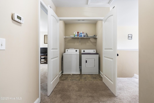 202 Bungalow Rd, Holly Ridge, NC 28445 - laundry area featuring washer and clothes dryer, carpet flooring, baseboards, and attic access