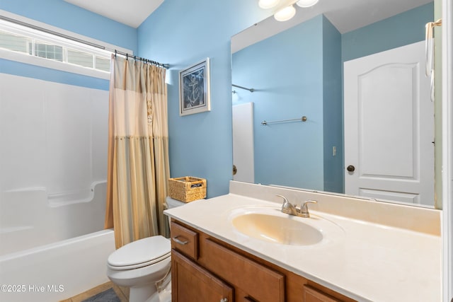 5613 Swiss Stone Ct, Wilmington, NC 28412 - bathroom with toilet, vanity, and shower / tub combo with curtain