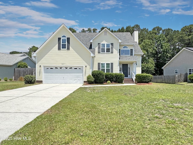 5917 Rowsgate Ln, Wilmington, NC 28411 - traditional home with an attached garage, concrete driveway, a chimney, and roof with shingles