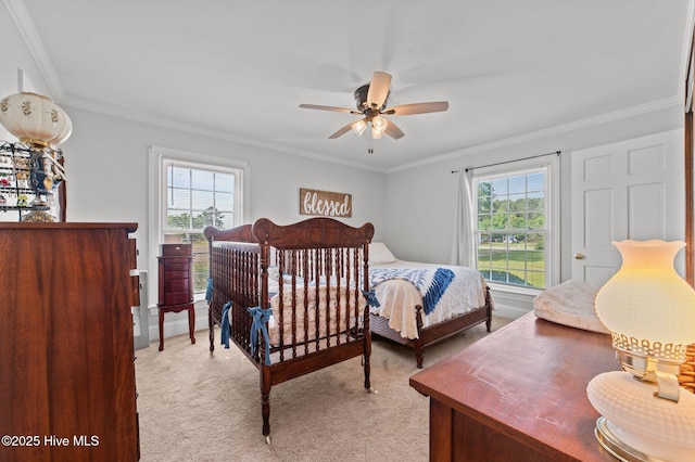 120 Oakes Rd, Hookerton, NC 28538 - bedroom with light colored carpet, ornamental molding, and a ceiling fan