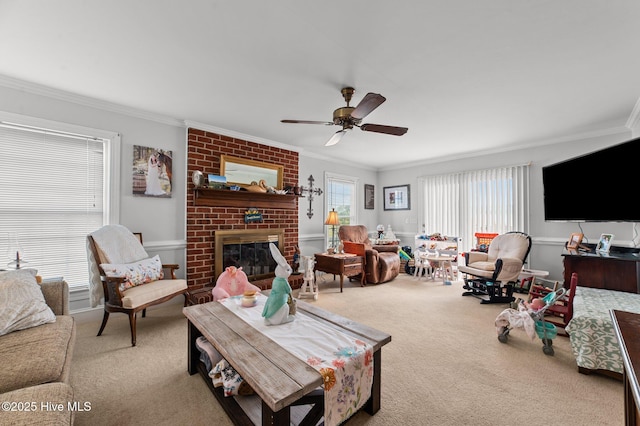 120 Oakes Rd, Hookerton, NC 28538 - living area featuring carpet, ornamental molding, a ceiling fan, and plenty of natural light
