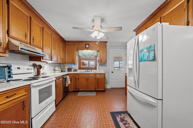 120 Oakes Rd, Hookerton, NC 28538 - kitchen with white appliances, under cabinet range hood, brick patterned floors, a sink, and brown cabinetry