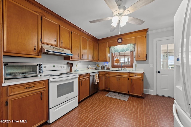 120 Oakes Rd, Hookerton, NC 28538 - kitchen featuring under cabinet range hood, white electric stove, stainless steel dishwasher, light countertops, and ornamental molding