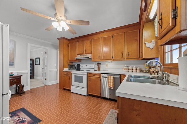 120 Oakes Rd, Hookerton, NC 28538 - kitchen featuring dishwasher, white electric stove, a sink, brick patterned flooring, and ornamental molding